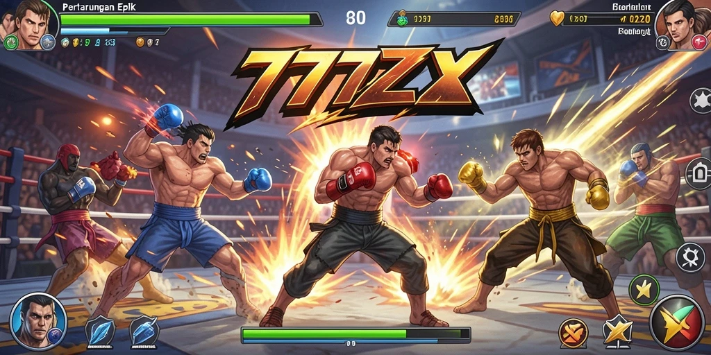 Screenshot gameplay 777ZX menampilkan pertarungan epik antara karakter.