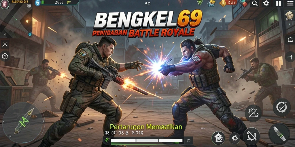 Screenshot BENGKEL69 menunjukkan aksi pertarungan seru di arena Battle Royale.