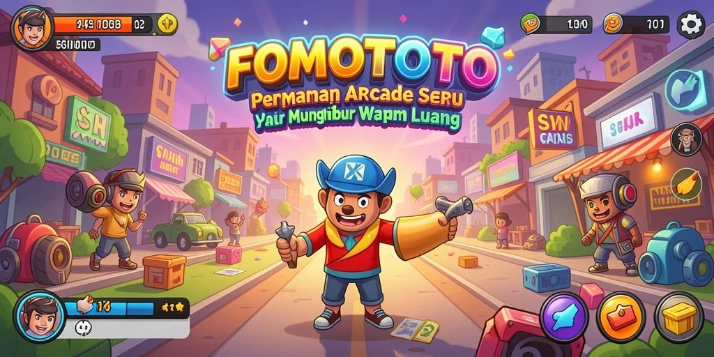 Tangkapan layar utama FOMOTOTO menampilkan gameplay seru dengan grafis warna-warni.