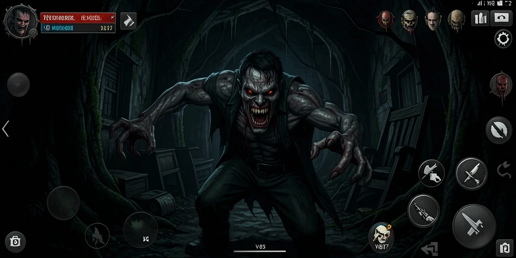 Screenshot V87 menampilkan suasana gelap dan tegang dalam gameplay.